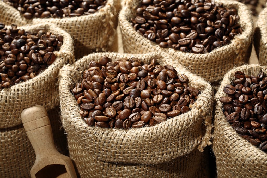 Bags of hand-packed coffee beans.